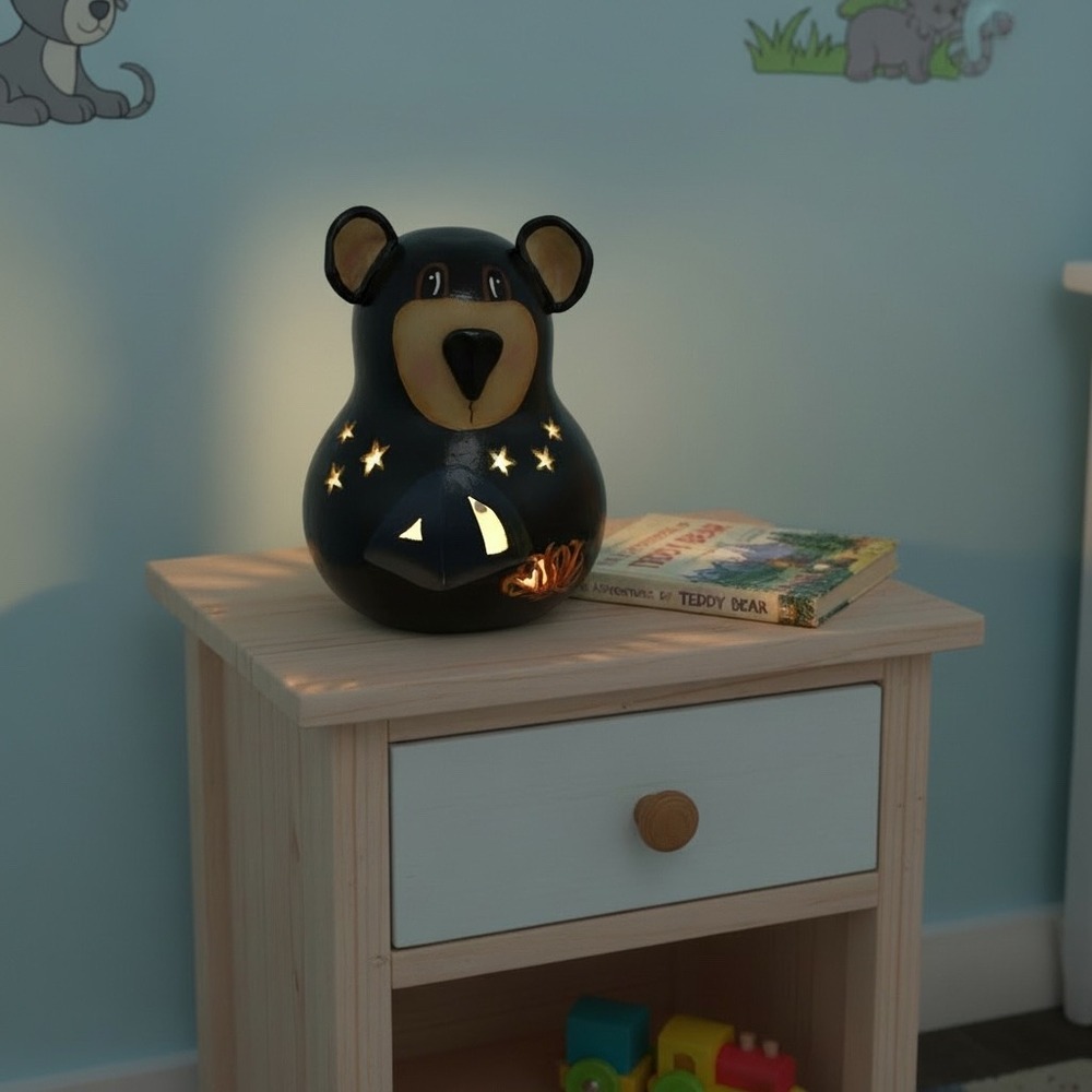 Hand Carved Bear Gourd Lantern Folk Art Night Light‎ Cabin Decor